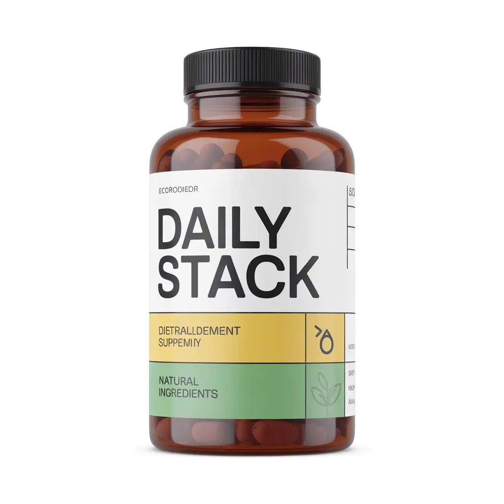 Daily Stack dietary supplement bottle with natural ingredients label on white background